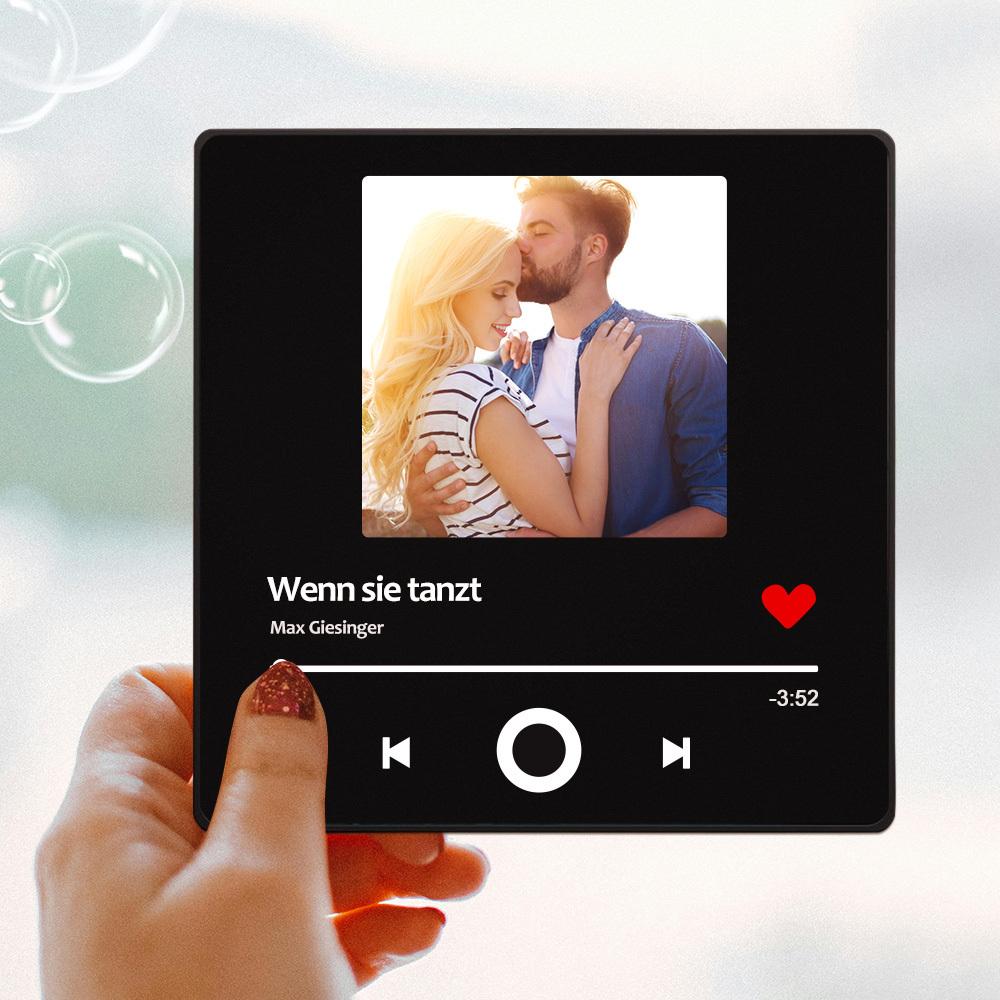 Personalisierter Musik Fotomagnet mit Herzbild Datum Name und Lied für Jubiläumsgeschenk