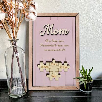 Personalisiertes Holzpuzzle Rahmen Mit 1 Bis 8 Namen In Wunschfarbe Mit Gravur Mama Du Bist Das Teil Das Uns Zusammenhält