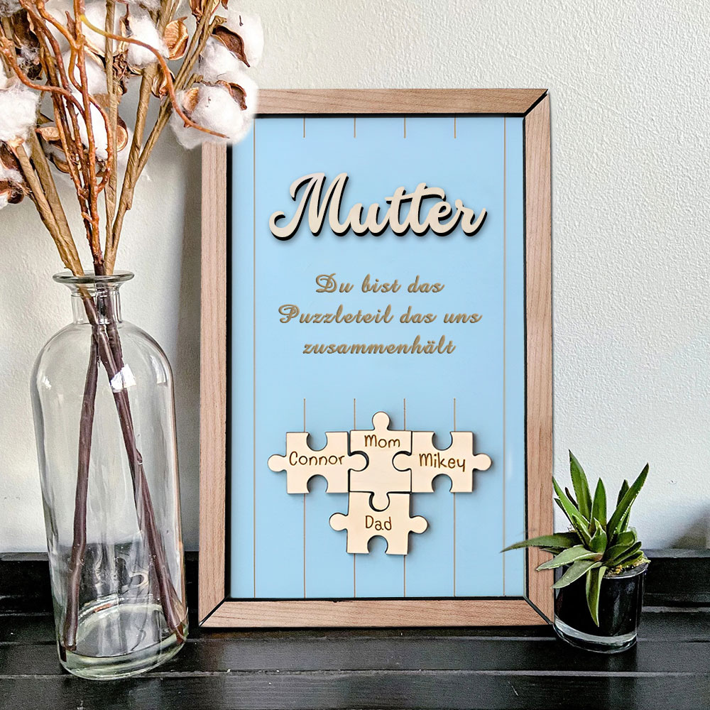 Personalisiertes Holzpuzzle Rahmen Mit 1 Bis 8 Namen In Wunschfarbe Mit Gravur Mama Du Bist Das Teil Das Uns Zusammenhält