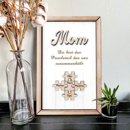 Personalisiertes Holzpuzzle Rahmen Mit 1 Bis 8 Namen In Wunschfarbe Mit Gravur Mama Du Bist Das Teil Das Uns Zusammenhält