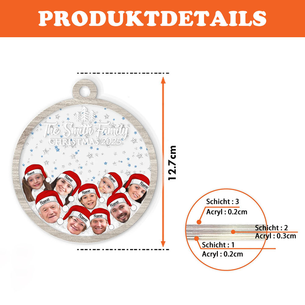 Personalisierter Familiengesicht Foto mit Hut und Name 4D Wackelkopf Ornament Familienornament Weihnachtsgeschenk