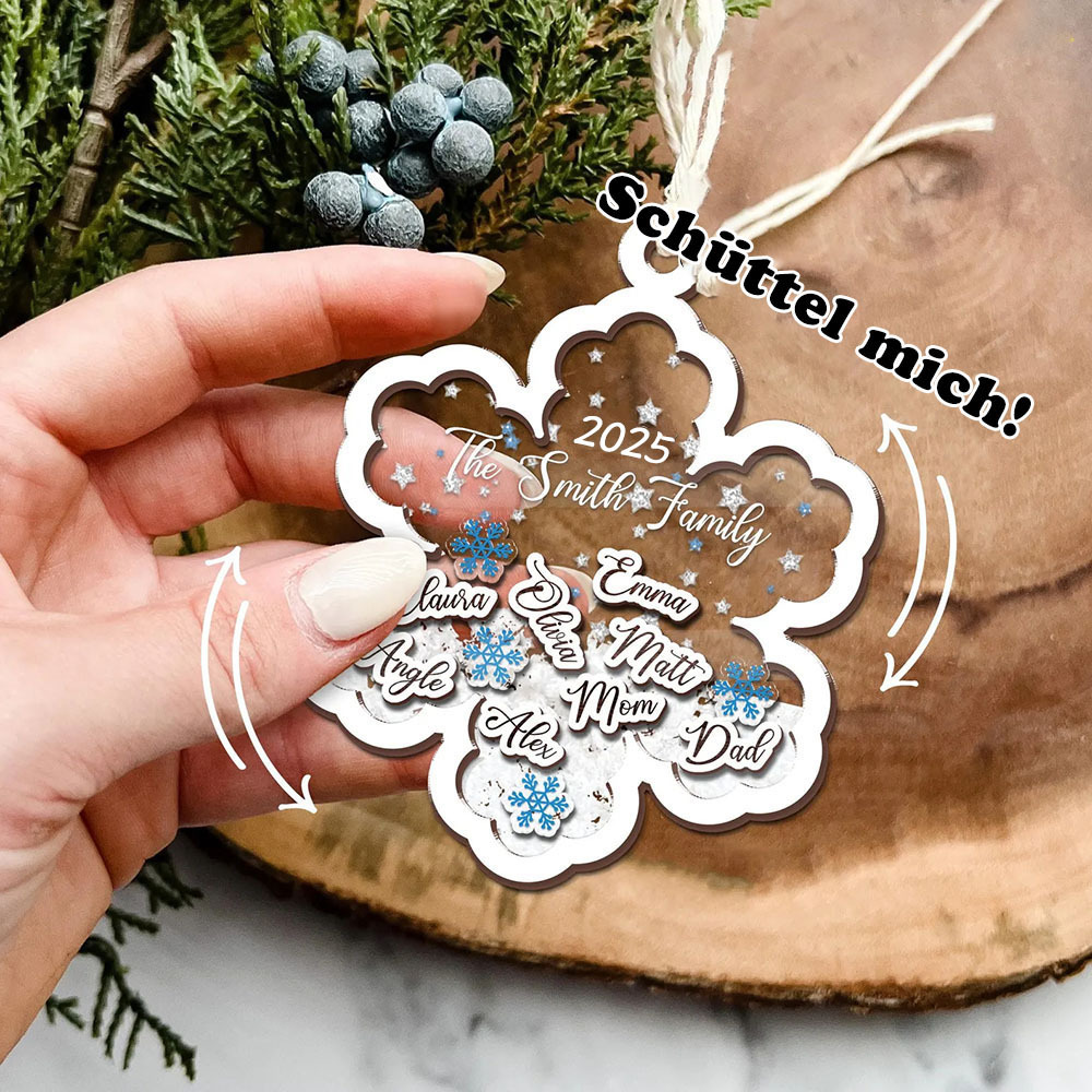 Personalisierter Familienname 4D Wackelkopf Schneeflocken Familienornament Weihnachtsbaum Anhänger Familiengeschenk
