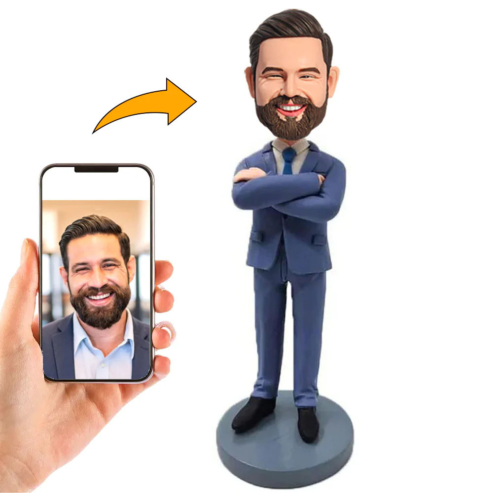 Handgemachter Personalisierter Wackelkopf Geschäftsmann im Blauen Anzug Geschenk für Ihn