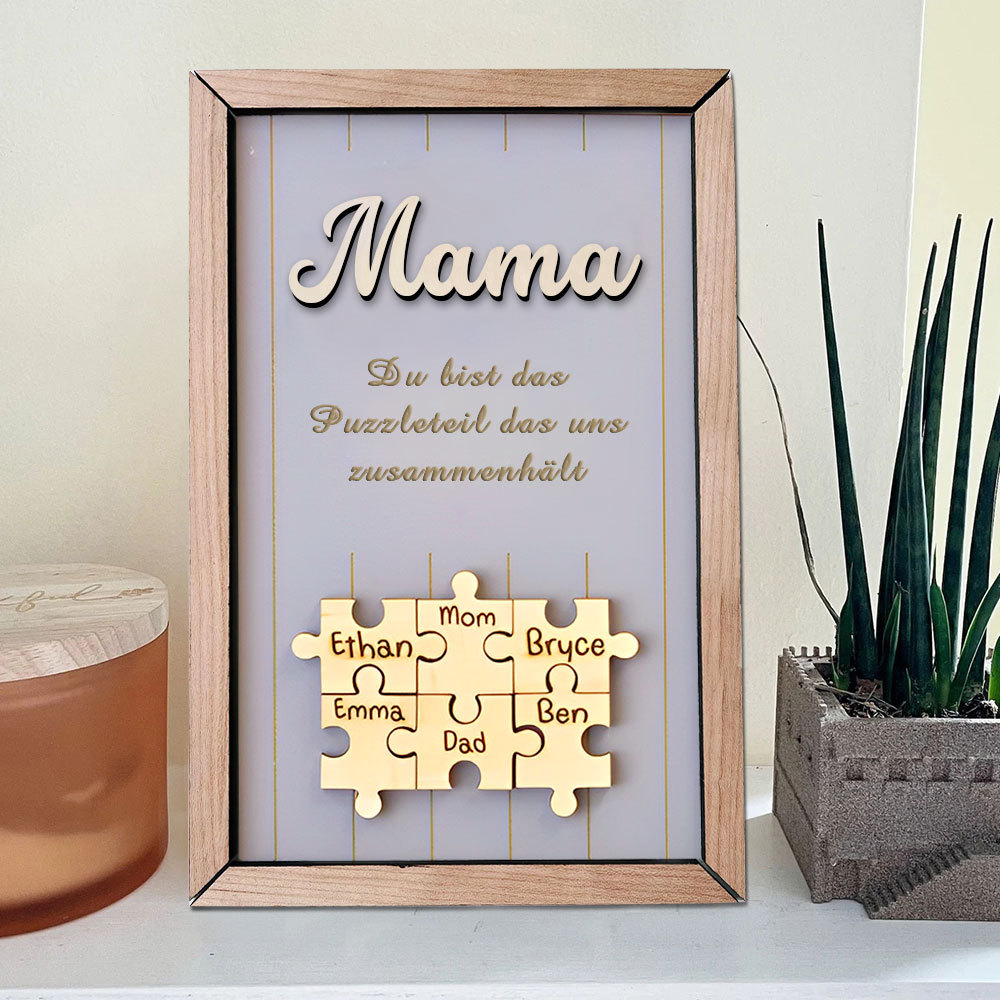 Personalisiertes Holzpuzzle Rahmen Mit 1 Bis 8 Namen In Wunschfarbe Mit Gravur Mama Du Bist Das Teil Das Uns Zusammenhält