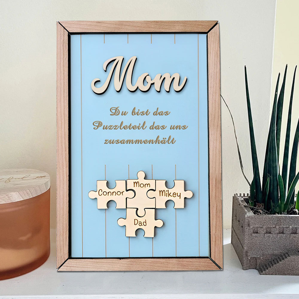 Personalisiertes Holzpuzzle Rahmen Mit 1 Bis 8 Namen In Wunschfarbe Mit Gravur Mama Du Bist Das Teil Das Uns Zusammenhält