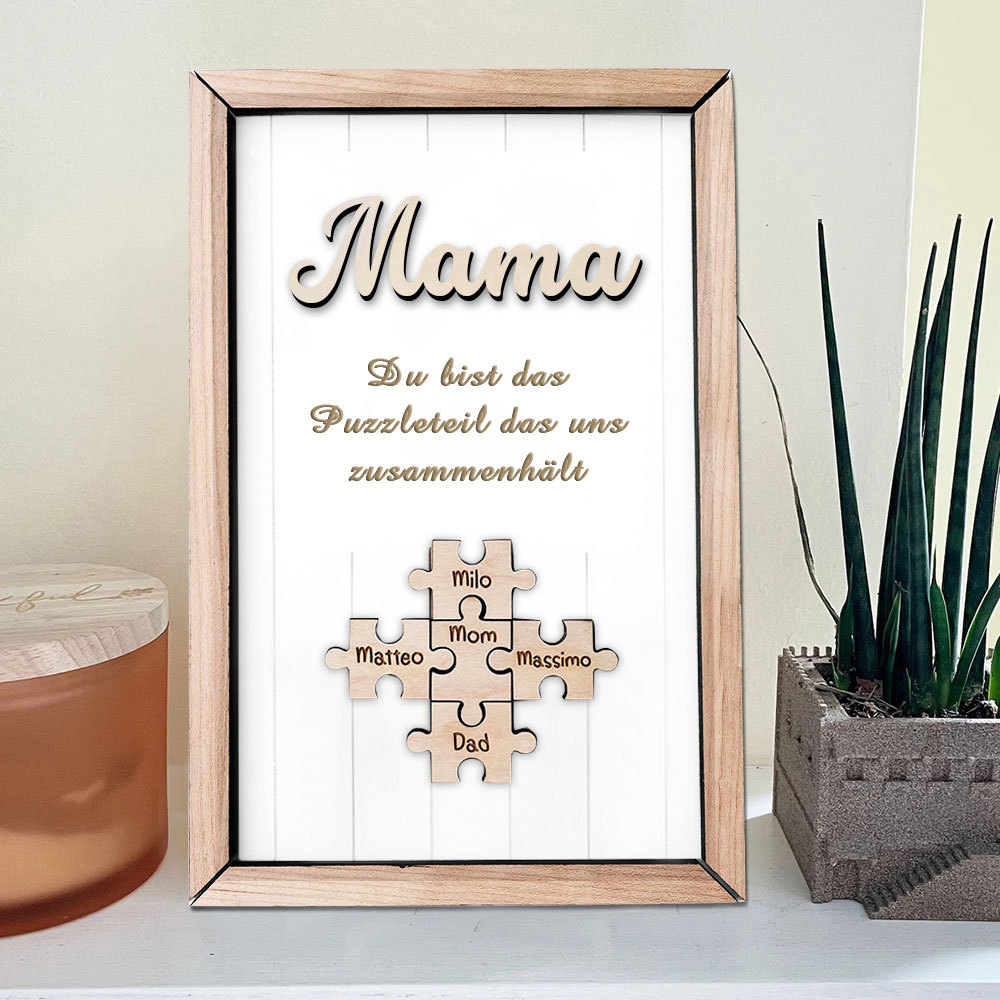 Personalisiertes Holzpuzzle Rahmen Mit 1 Bis 8 Namen In Wunschfarbe Mit Gravur Mama Du Bist Das Teil Das Uns Zusammenhält