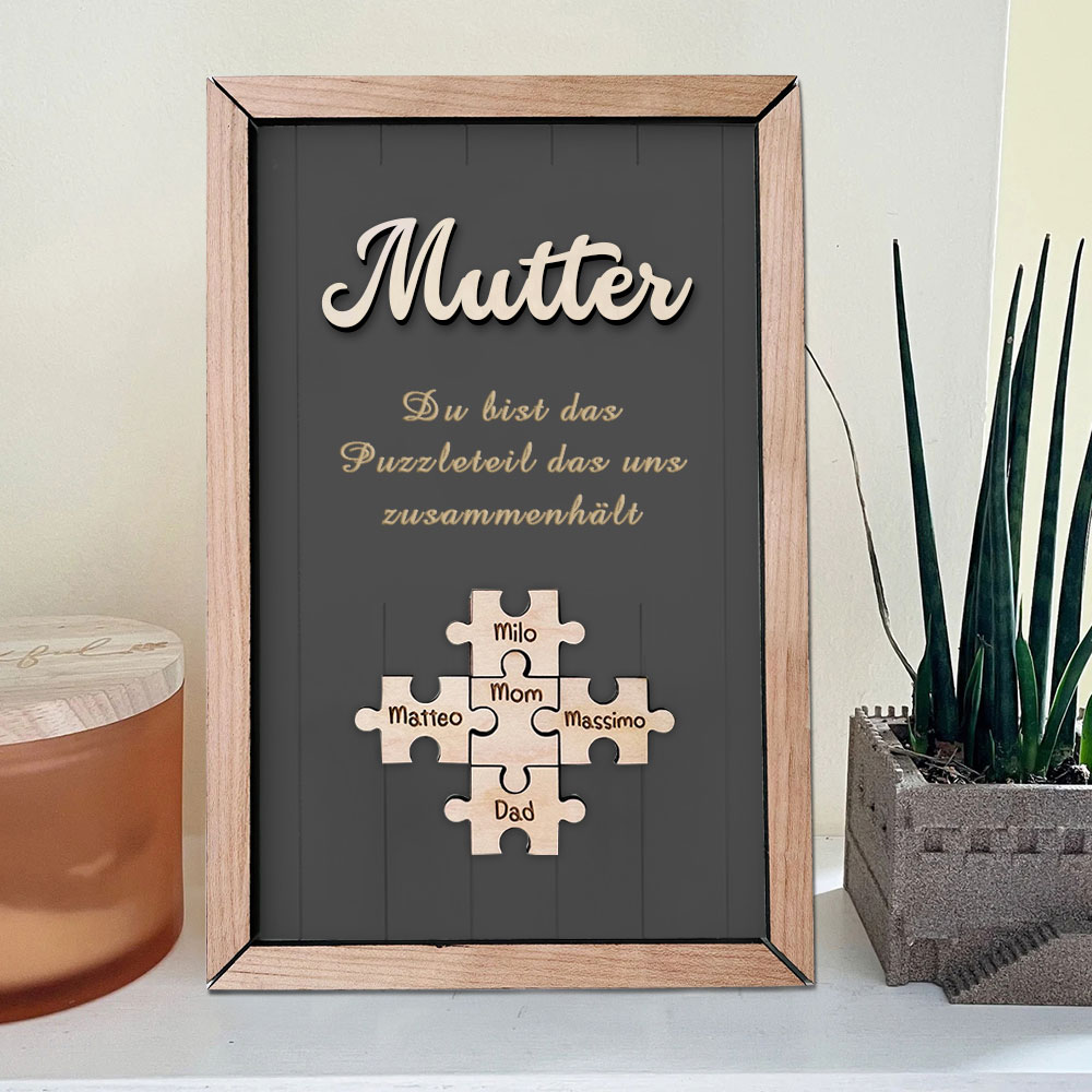 Personalisiertes Holzpuzzle Rahmen Mit 1 Bis 8 Namen In Wunschfarbe Mit Gravur Mama Du Bist Das Teil Das Uns Zusammenhält