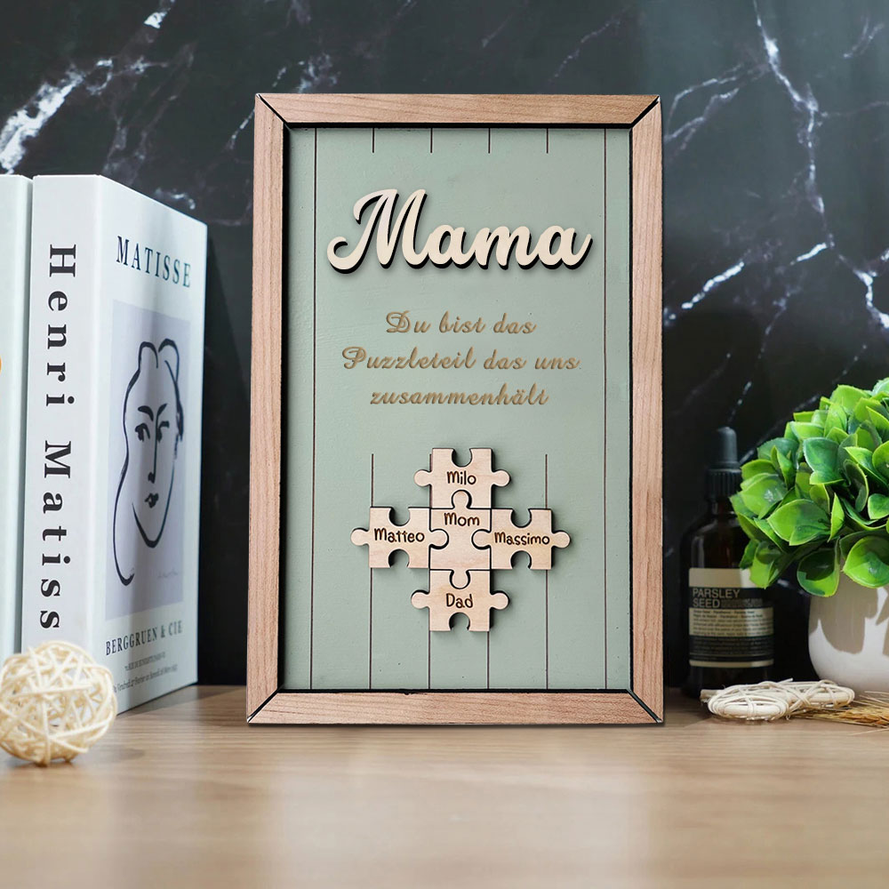 Personalisiertes Holzpuzzle Rahmen Mit 1 Bis 8 Namen In Wunschfarbe Mit Gravur Mama Du Bist Das Teil Das Uns Zusammenhält