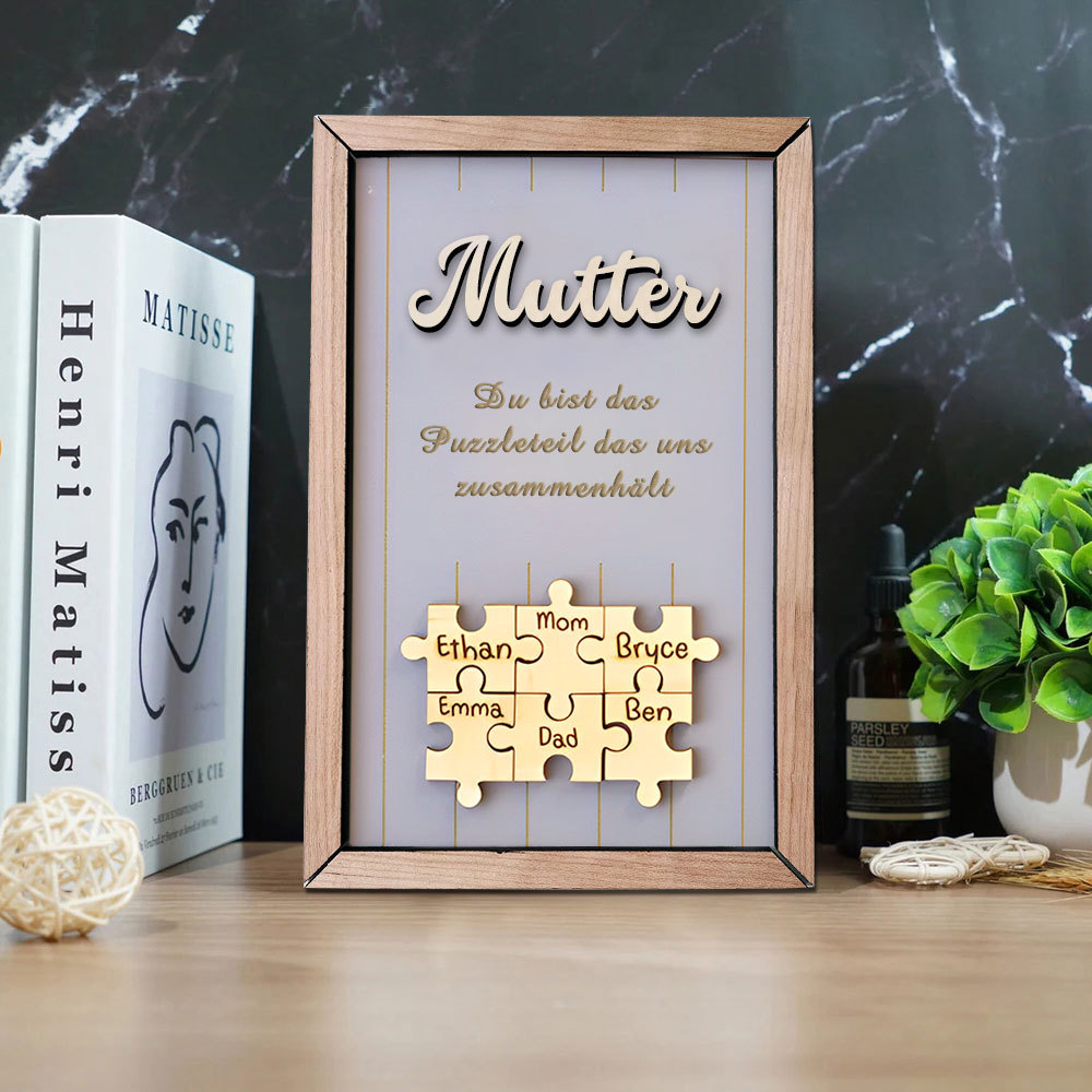 Personalisiertes Holzpuzzle Rahmen Mit 1 Bis 8 Namen In Wunschfarbe Mit Gravur Mama Du Bist Das Teil Das Uns Zusammenhält