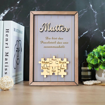 Personalisiertes Holzpuzzle Rahmen Mit 1 Bis 8 Namen In Wunschfarbe Mit Gravur Mama Du Bist Das Teil Das Uns Zusammenhält