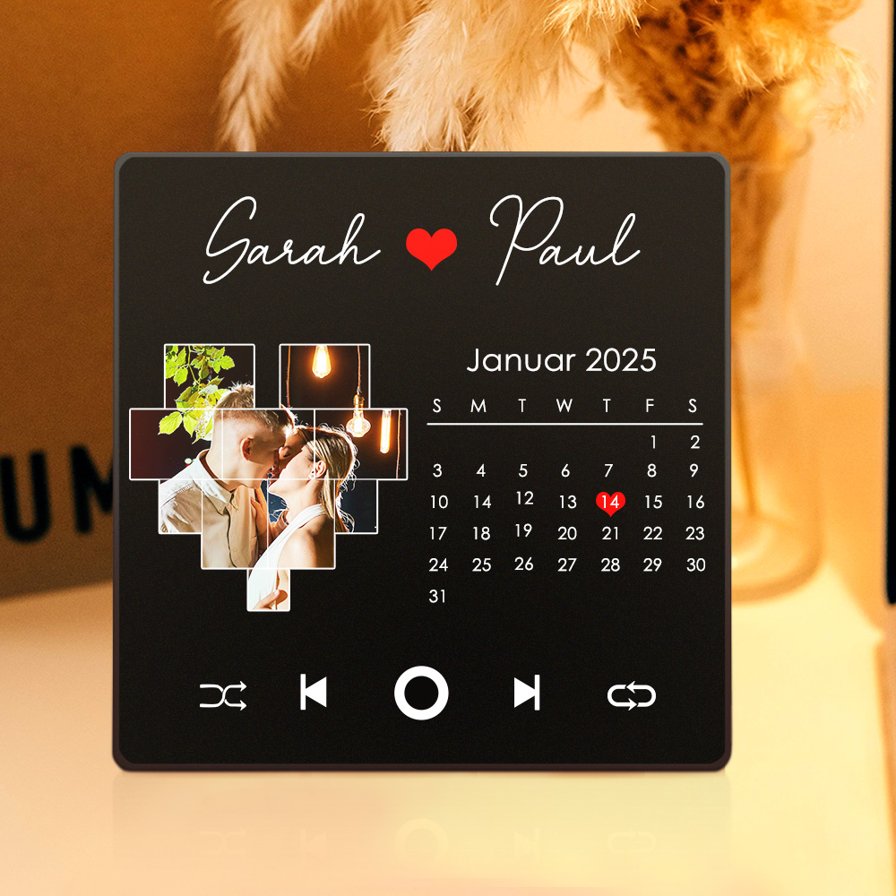 Personalisierter Musik Fotomagnet mit Herzbild Datum Name und Lied für Jubiläumsgeschenk