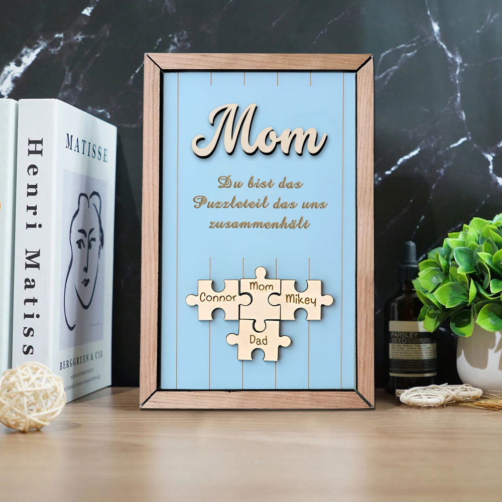 Personalisiertes Holzpuzzle Rahmen Mit 1 Bis 8 Namen In Wunschfarbe Mit Gravur Mama Du Bist Das Teil Das Uns Zusammenhält
