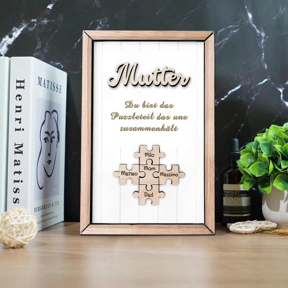 Personalisiertes Holzpuzzle Rahmen Mit 1 Bis 8 Namen In Wunschfarbe Mit Gravur Mama Du Bist Das Teil Das Uns Zusammenhält