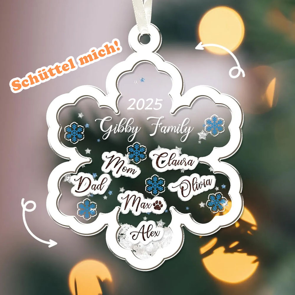 Personalisierter Familienname 4D Wackelkopf Schneeflocken Familienornament Weihnachtsbaum Anhänger Familiengeschenk