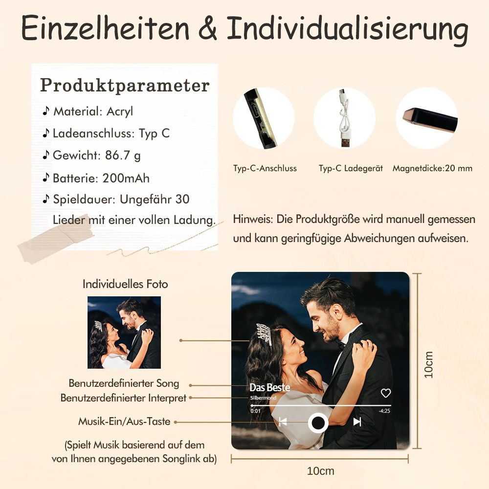 Personalisierter Kühlschrankmagnet mit Foto und Liebessong zum direkten Abspielen