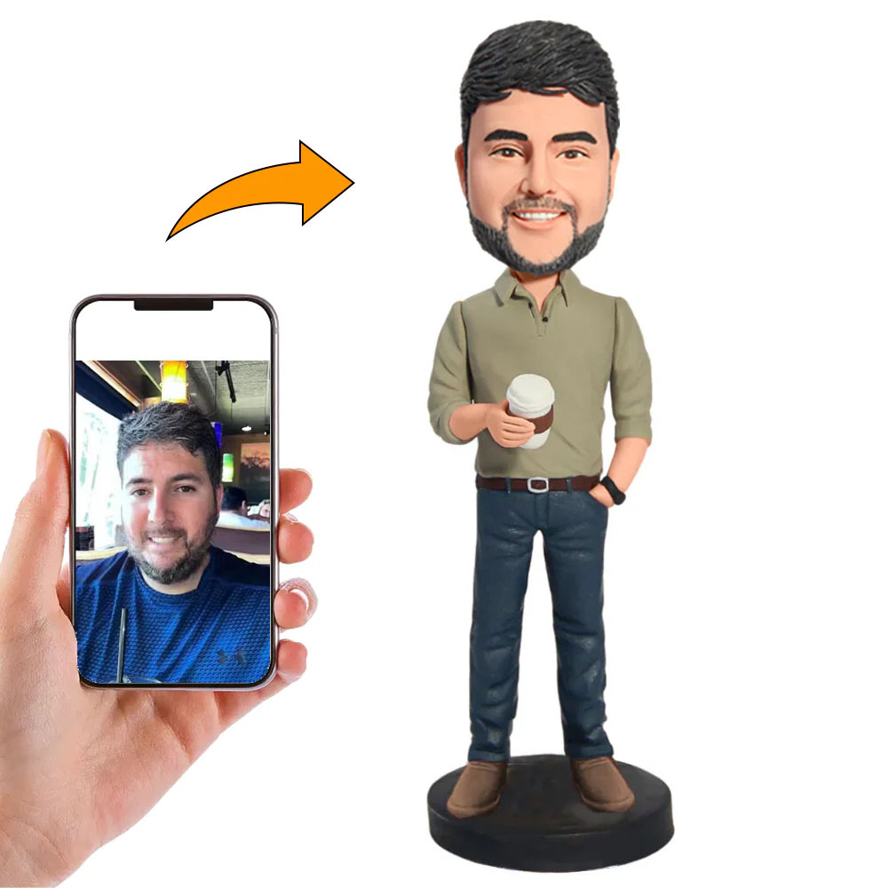 Handgemachter Personalisierter Wackelkopf Geschäftsmann mit Kaffeetasse Geschenk für Ihn