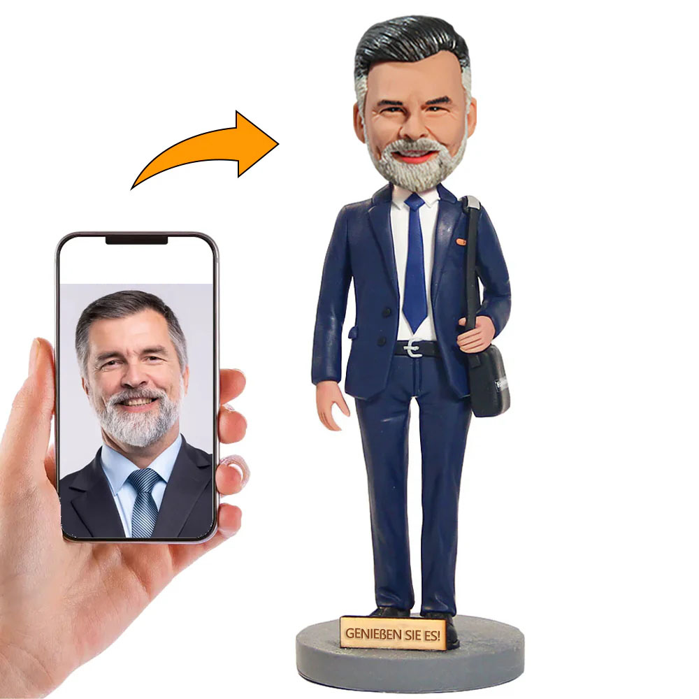 Handgemachter Personalisierter Wackelkopf Mann im Blauen Anzug Geschäftsmann Ruhestand Geschenk für Ihn