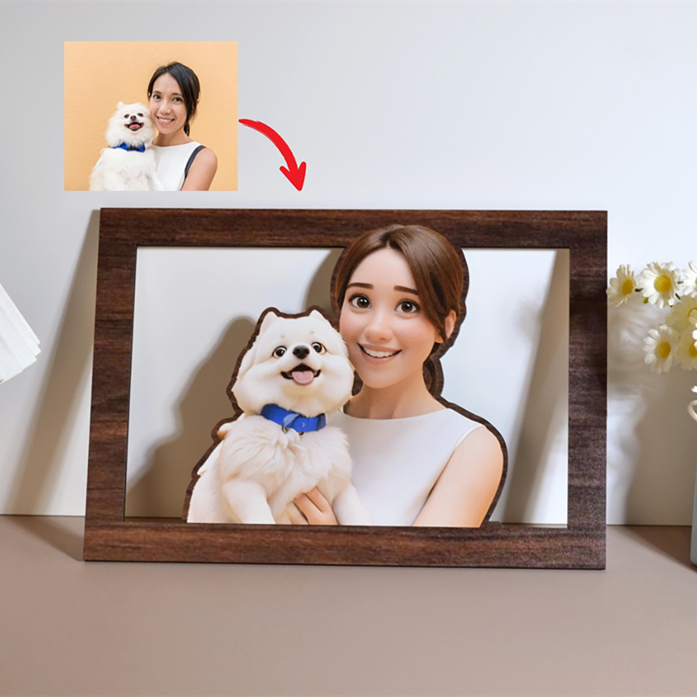 Personalisierte Haustier Cartoon Porträt Lampe Im Pixar Stil Mit Foto Und Gravur