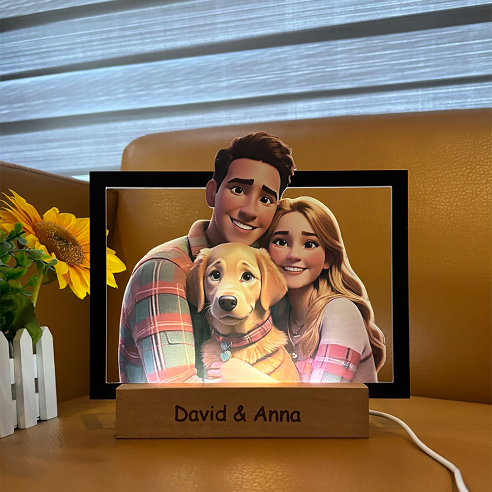 Personalisierte Cartoon-Porträt Pixar Cartoon-Stil Nachtlampe Mit Foto Im Bilderrahmen Und Gravurtext