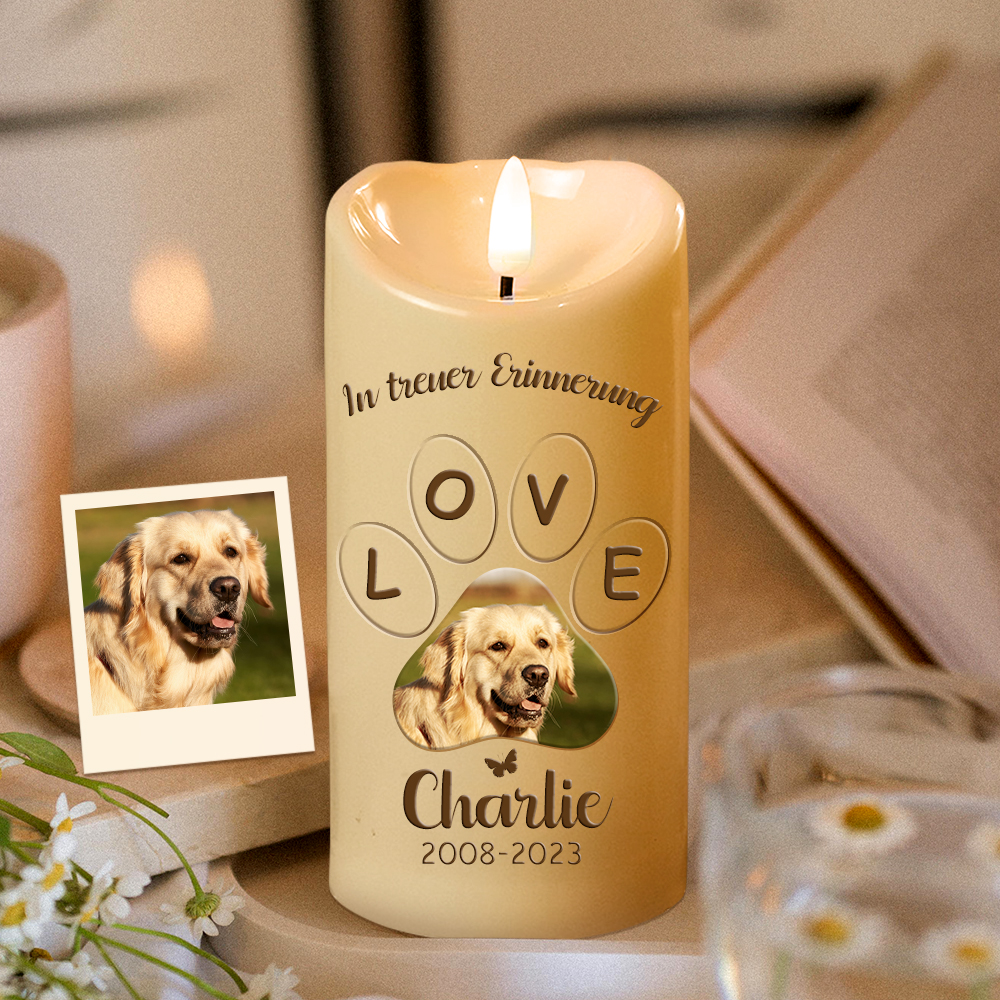 Personalisierte LED Gedenkkerze mit Hundebild Haustier Andenken Geschenk für Tierliebhaber