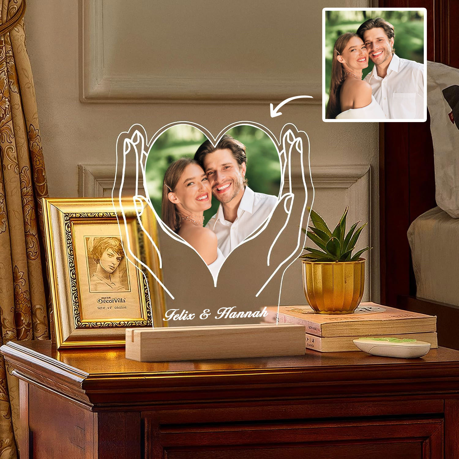 Personalisierte Foto und Text Herz in Händen Nachtlicht Jahrestagsgeschenk für Ihn