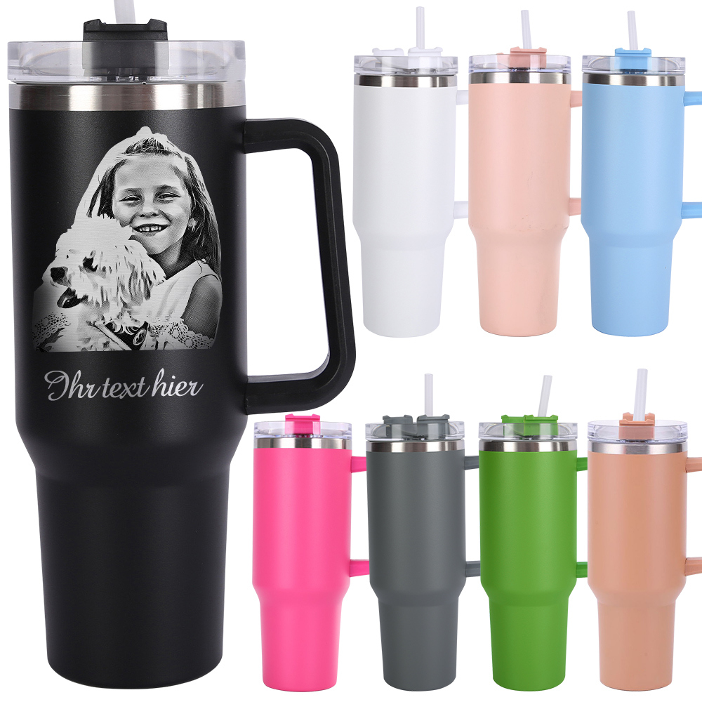 Personalisierter Foto Tumbler 1,2L für Paare mit Griff und Strohhalm