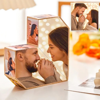 Personalisierter Holz-Foto-Würfel Unendlich Faltwürfel mit Herzform und 10 Bildern Geschenk für Paare
