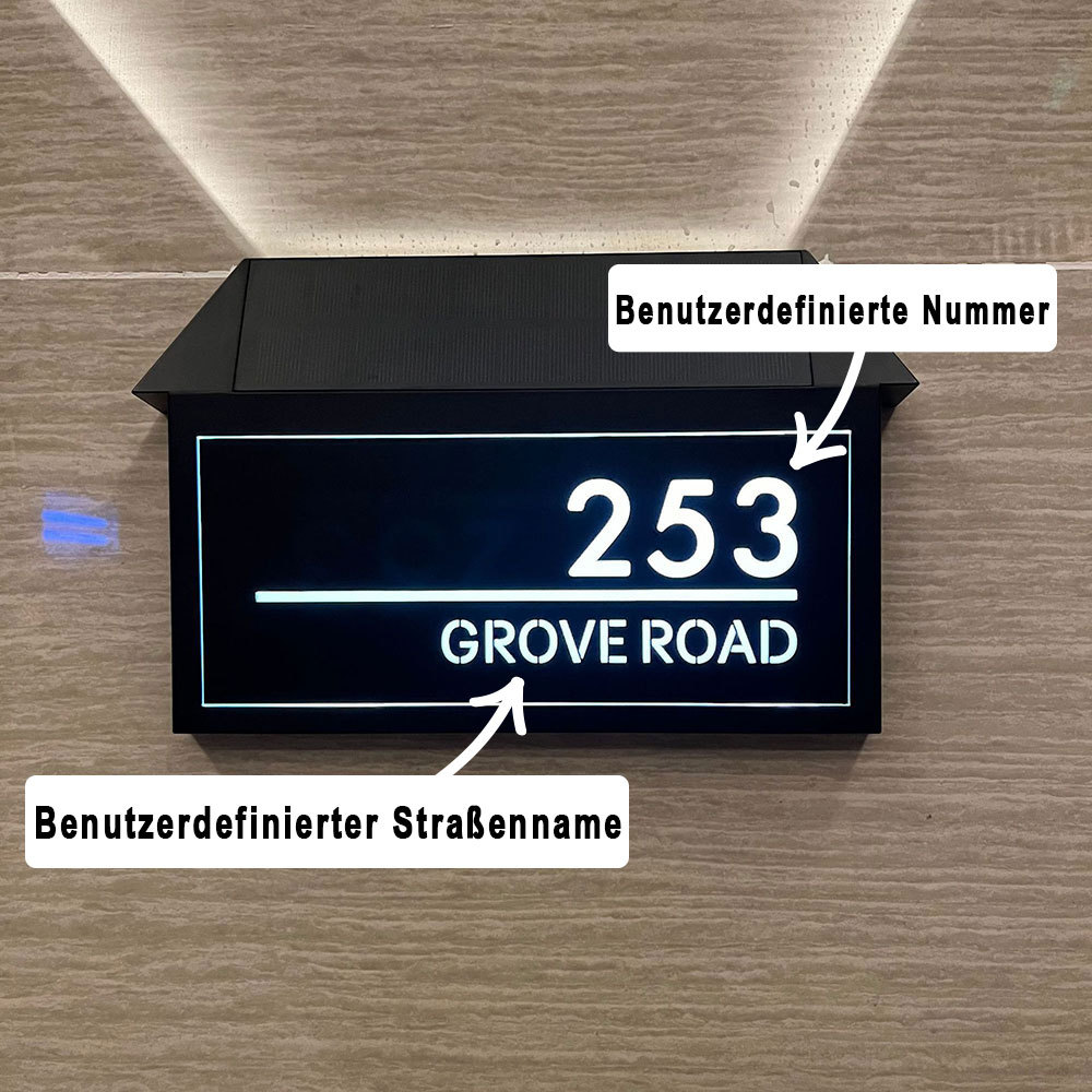 Individuelles Solarbeleuchtetes Hausschild Lasergeschnittene Adresstafel mit LED Nummer Wasserdichtes Design