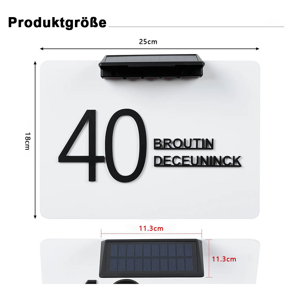 Personalisierte Solarbeleuchtete Adressschild Outdoor LED Hausnummerntafel Wasserdicht Türschild