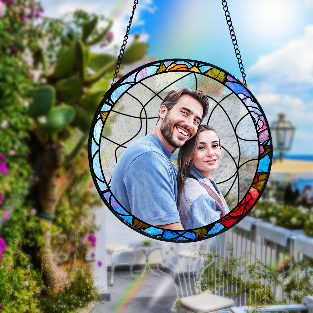 Personalisierter Paarporträt Sonnenfänger Individuelles Buntglas Fenster Jubiläumsgeschenk