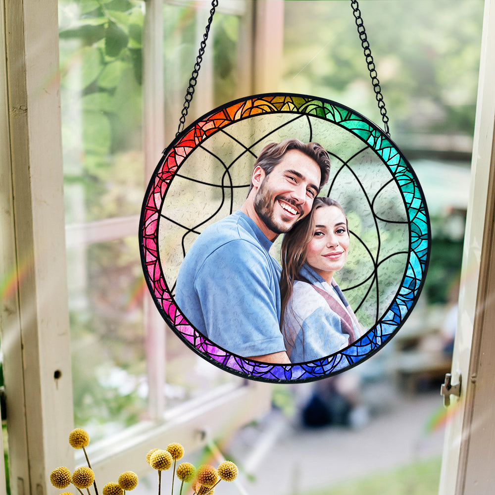 Personalisierter Paarporträt Sonnenfänger Individuelles Buntglas Fenster Jubiläumsgeschenk