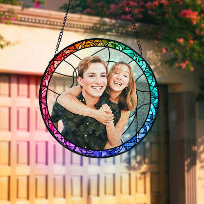 Personalisierter Paarporträt Sonnenfänger Individuelles Buntglas Fenster Jubiläumsgeschenk