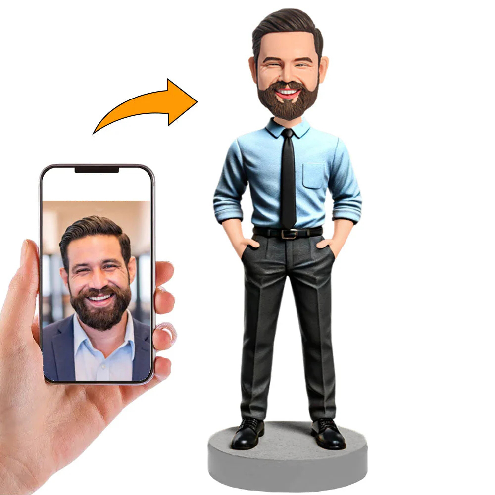 Handgefertigter Wackelkopf Geschäftsmann Mit Blauem Hemd Chef