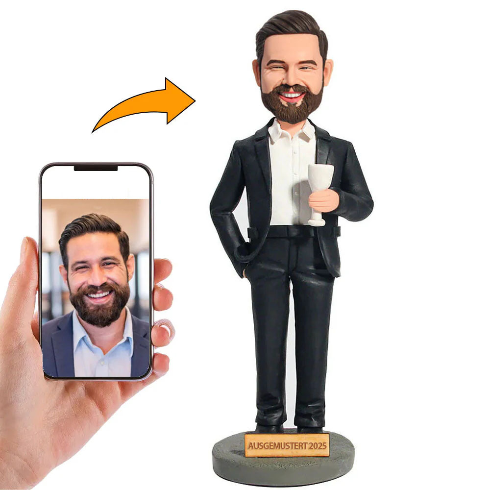 Handgefertigter Personalisierter Wackelkopf Ruhestand Feier mit Champagner Geschenk