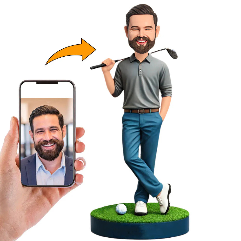 Handgefertigter Wackelkopf Golfer Mit Grauem T-Shirt Geschenk Für Ihn