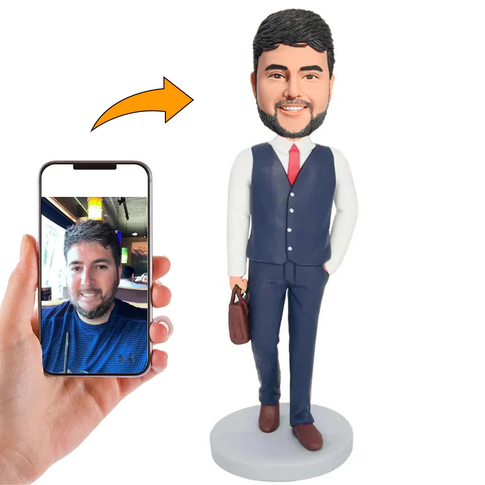 Handgemachter Personalisierter Wackelkopf Geschäftsmann im Blauen Anzug mit Handtasche Geschenk für Ihn