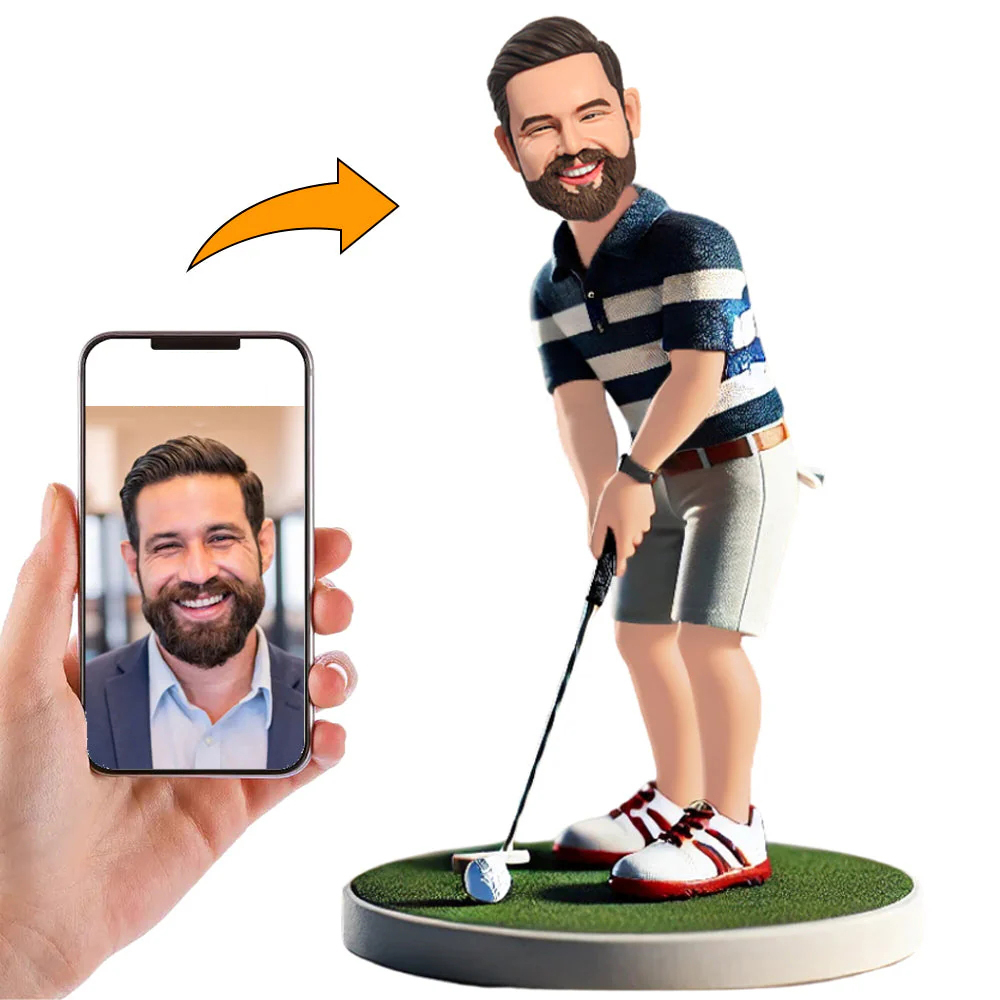 Handgefertigter Wackelkopf Golfer Mann In Gestreiften Kleidern