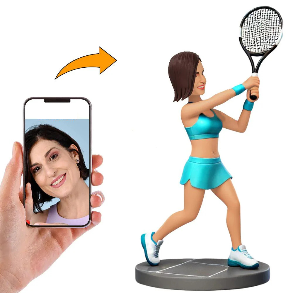 Handgefertigter Wackelkopf Tennisspielerin Im Blauen Anzug