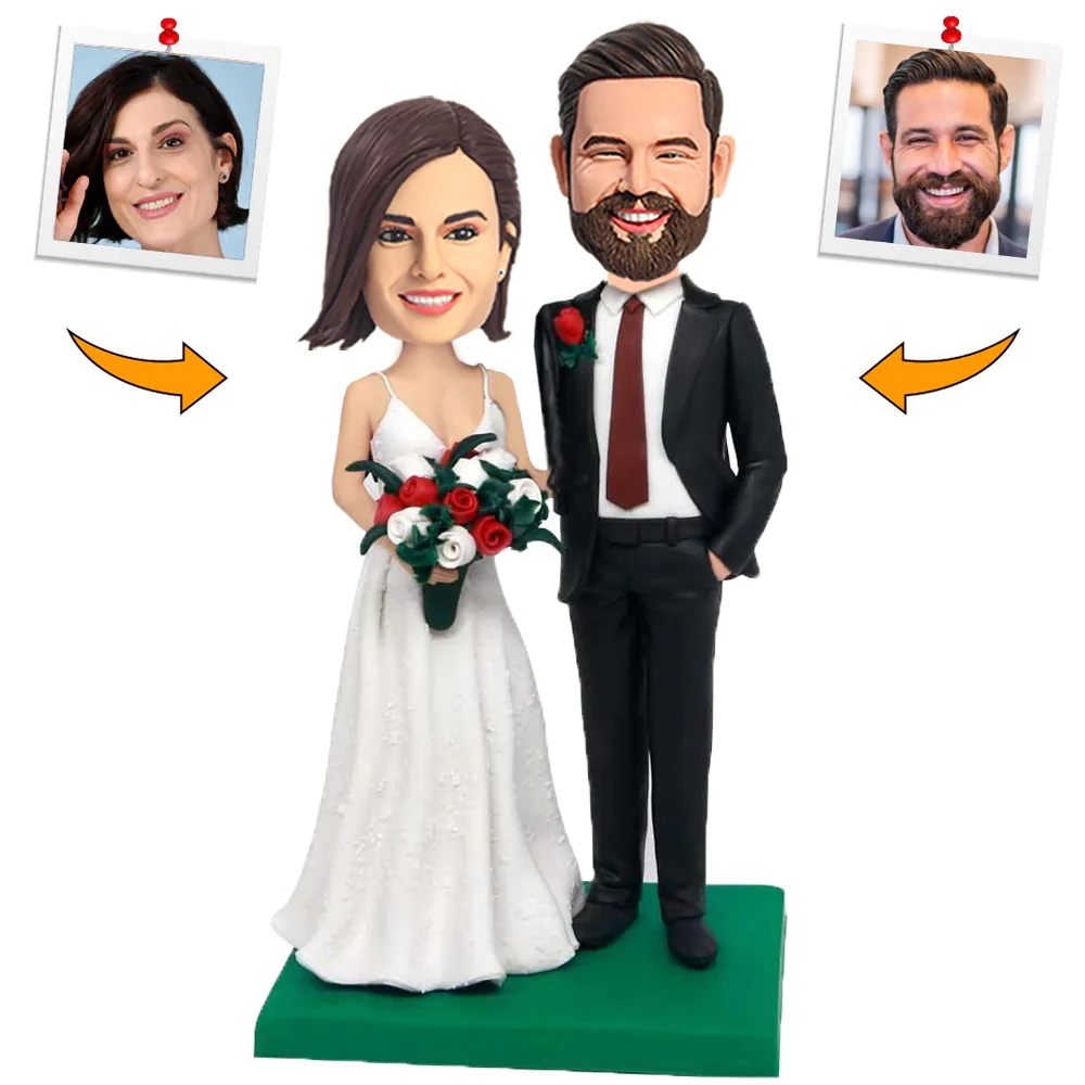 Handgemachter Personalisierter Wackelkopf Süßes Hochzeitspaar mit Blumenstrauß Hochzeitsgeschenk