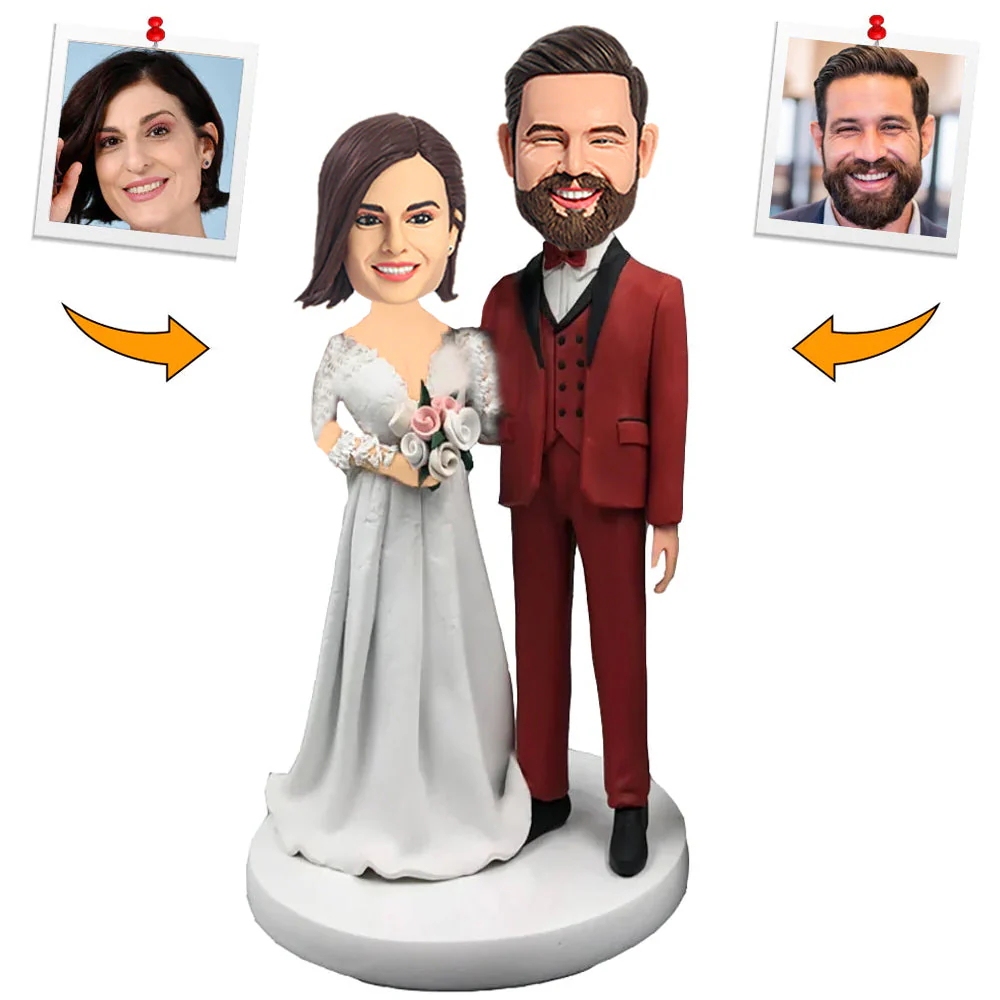 Individuelle Wackelköpfe Braut und Bräutigam Handgefertigt im Kleid und Rotem Anzug Geschenk zur Hochzeit