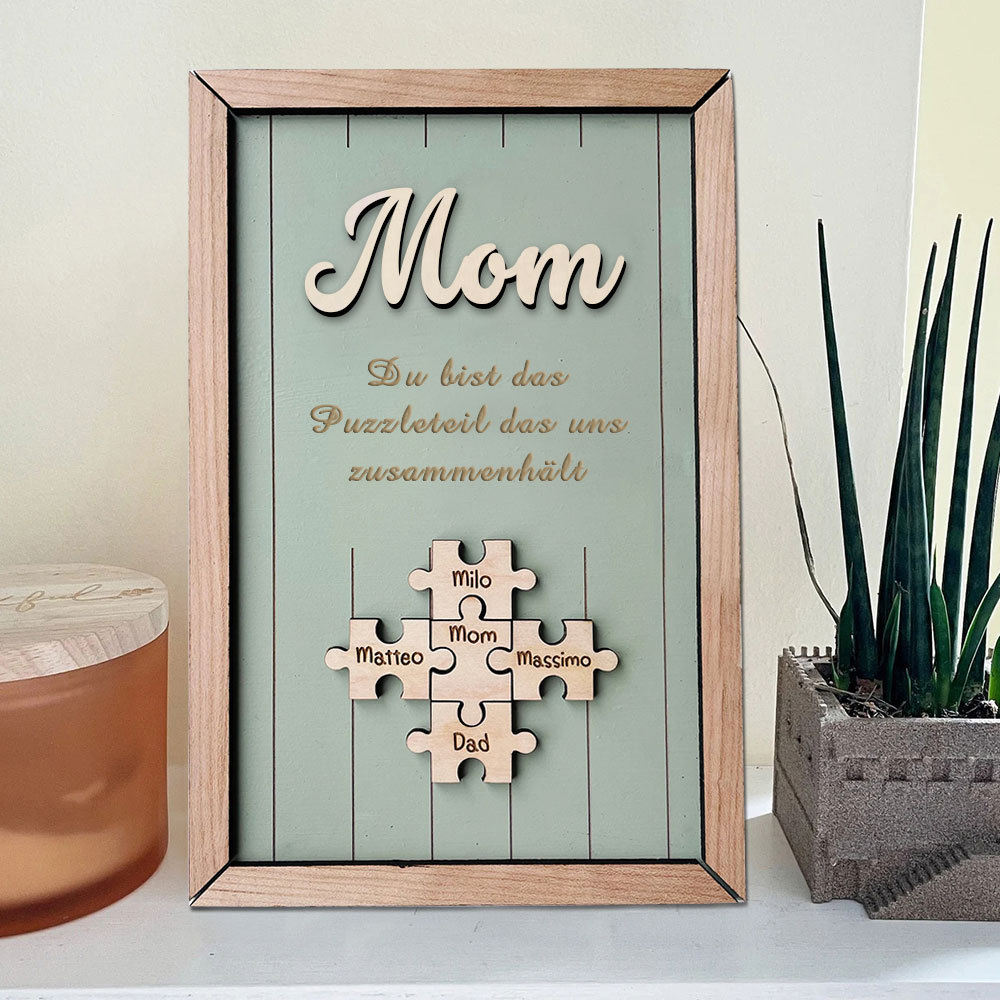 Personalisiertes Holzpuzzle Rahmen Mit 1 Bis 8 Namen In Wunschfarbe Mit Gravur Mama Du Bist Das Teil Das Uns Zusammenhält
