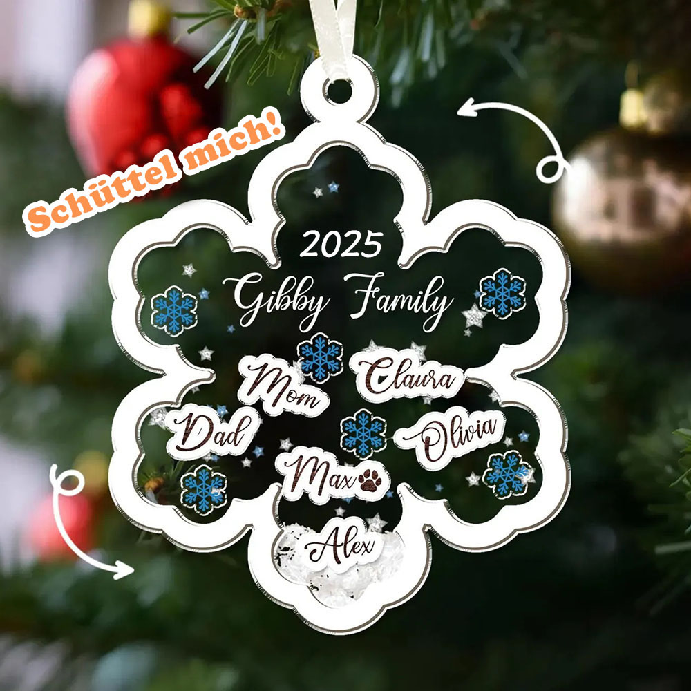 Personalisierter Familienname 4D Wackelkopf Schneeflocken Familienornament Weihnachtsbaum Anhänger Familiengeschenk