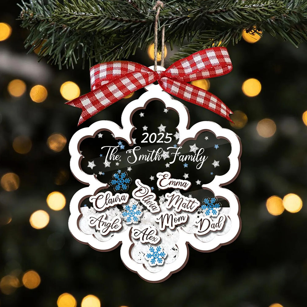 Personalisierter Familienname 4D Wackelkopf Schneeflocken Familienornament Weihnachtsbaum Anhänger Familiengeschenk