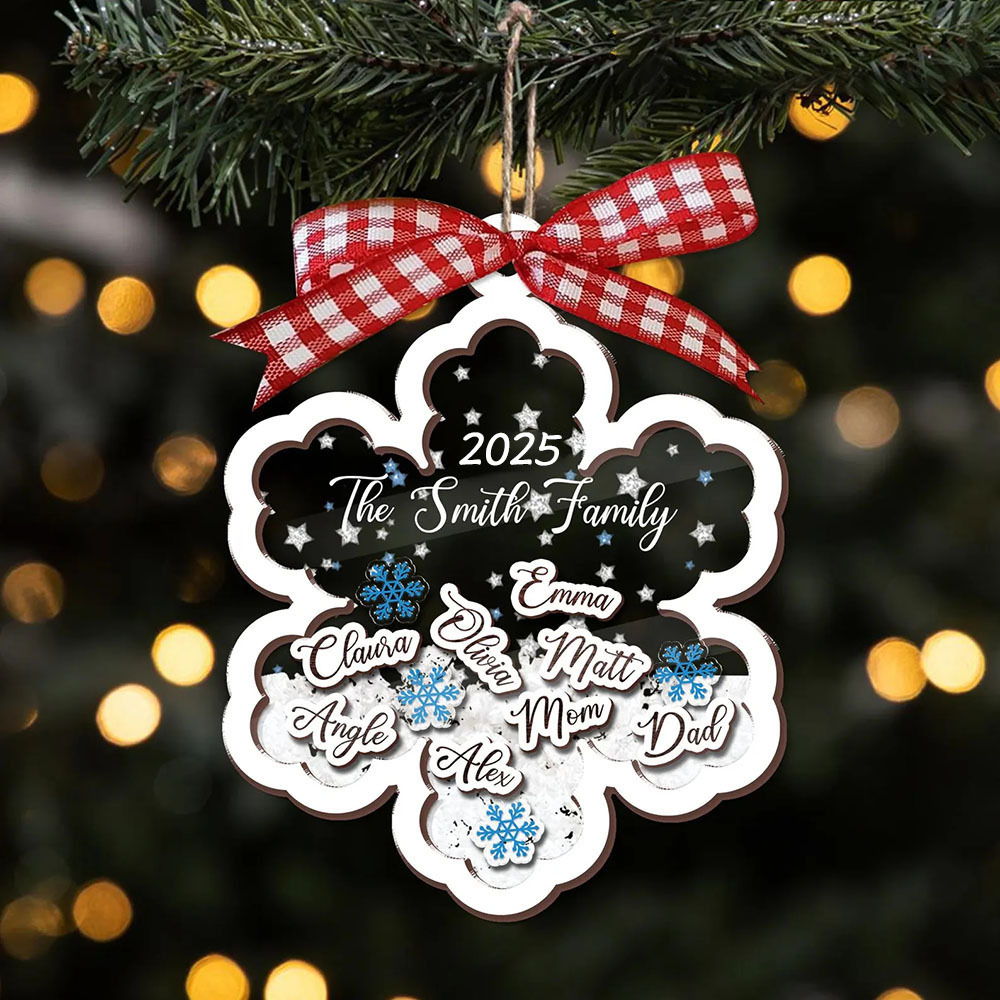 Personalisierter Familienname 4D Wackelkopf Schneeflocken Familienornament Weihnachtsbaum Anhänger Familiengeschenk
