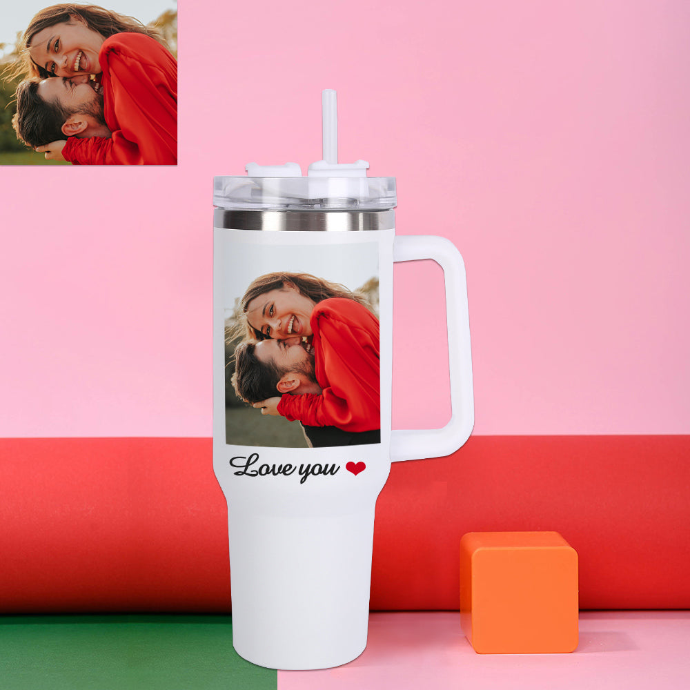 Personalisierter Foto Tumbler 1,2L für Paare mit Griff und Strohhalm