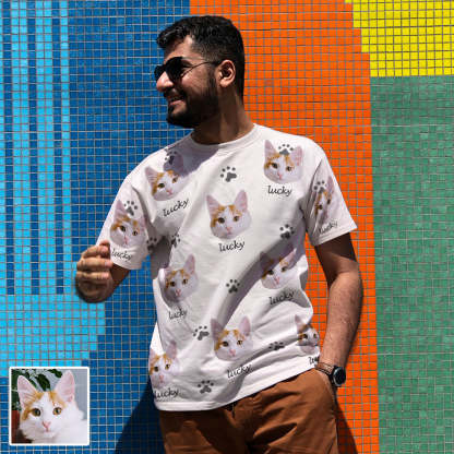 Herren Personalisiertes T-Shirt mit Katzenbild und Name Individuelles Kurzarmshirt mit Katze Geschenk für Freund