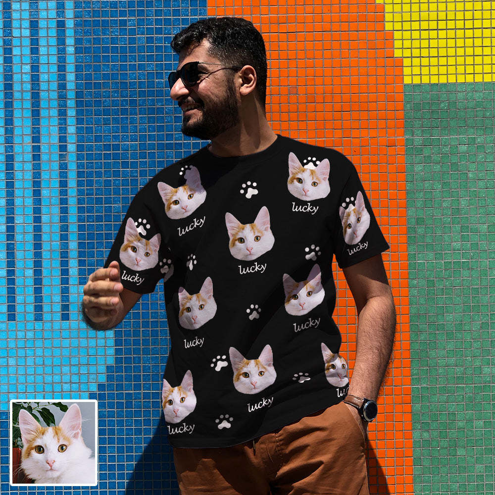 Herren Personalisiertes T-Shirt mit Katzenbild und Name Individuelles Kurzarmshirt mit Katze Geschenk für Freund