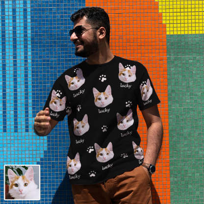 Herren Personalisiertes T-Shirt mit Katzenbild und Name Individuelles Kurzarmshirt mit Katze Geschenk für Freund