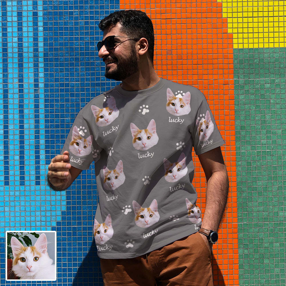 Herren Personalisiertes T-Shirt mit Katzenbild und Name Individuelles Kurzarmshirt mit Katze Geschenk für Freund