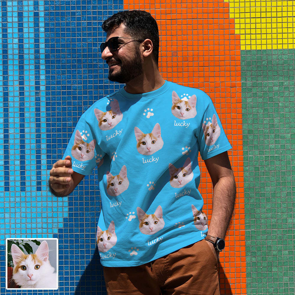 Herren Personalisiertes T-Shirt mit Katzenbild und Name Individuelles Kurzarmshirt mit Katze Geschenk für Freund